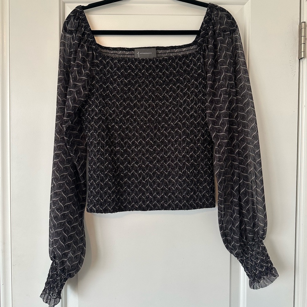 Anthropologie Off the Shoulder Top Size Medium Smocked Long Sleeve Boho Print